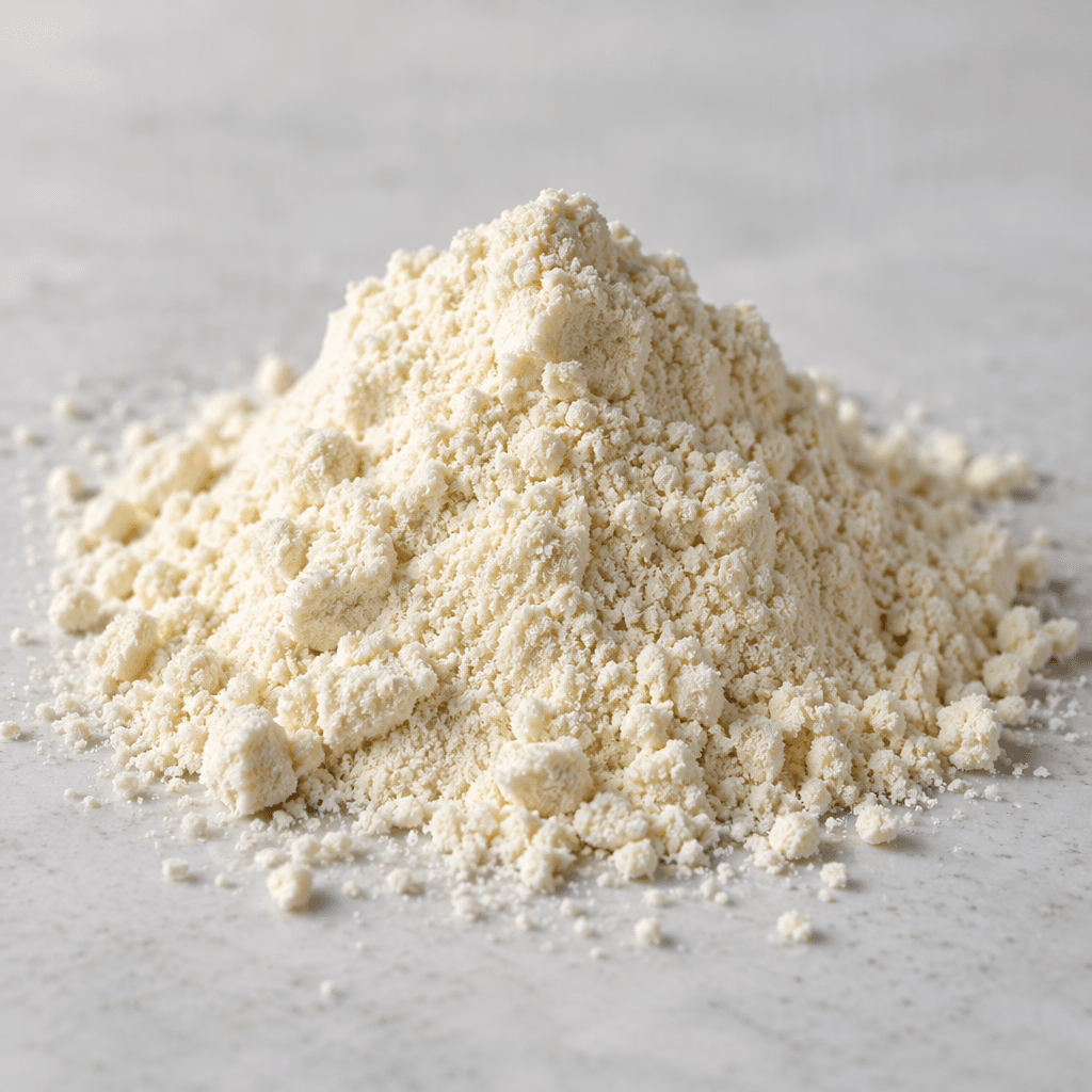 A small mound of pale cream-colored, finely textured protein powder sits loose on a clean surface.