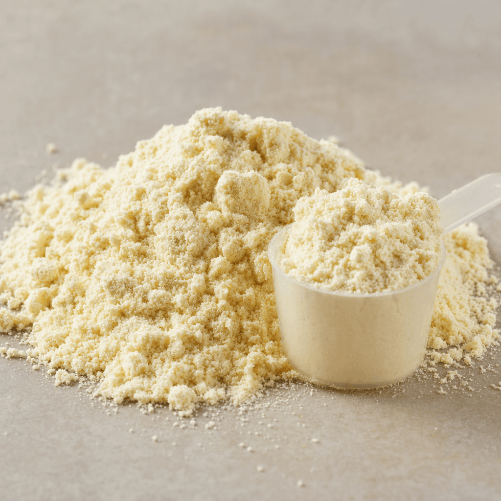 A mound of fine, pale cream-colored whey protein powder with a soft, slightly grainy texture, loosely piled beside a small scoop.