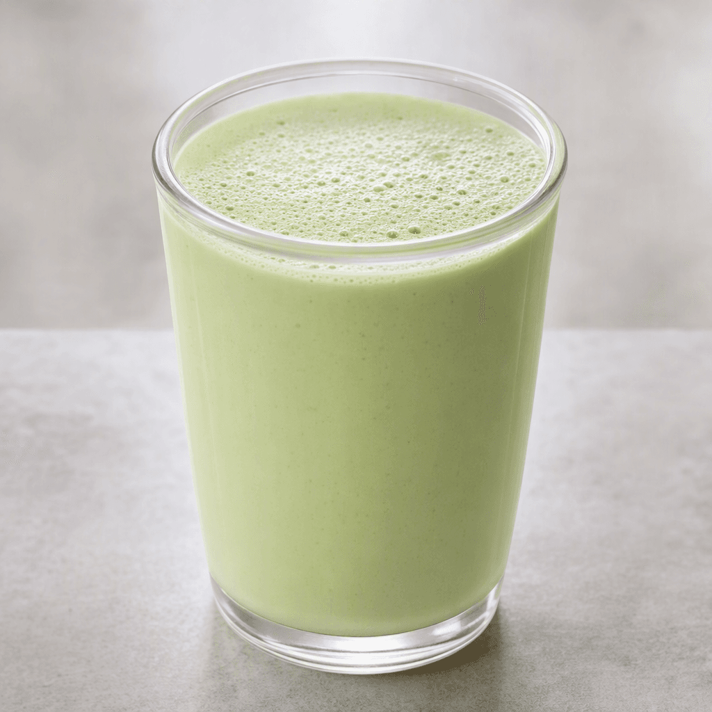 A smooth, pale pistachio-green protein drink sits in a clear glass, with a lightly foamy surface.