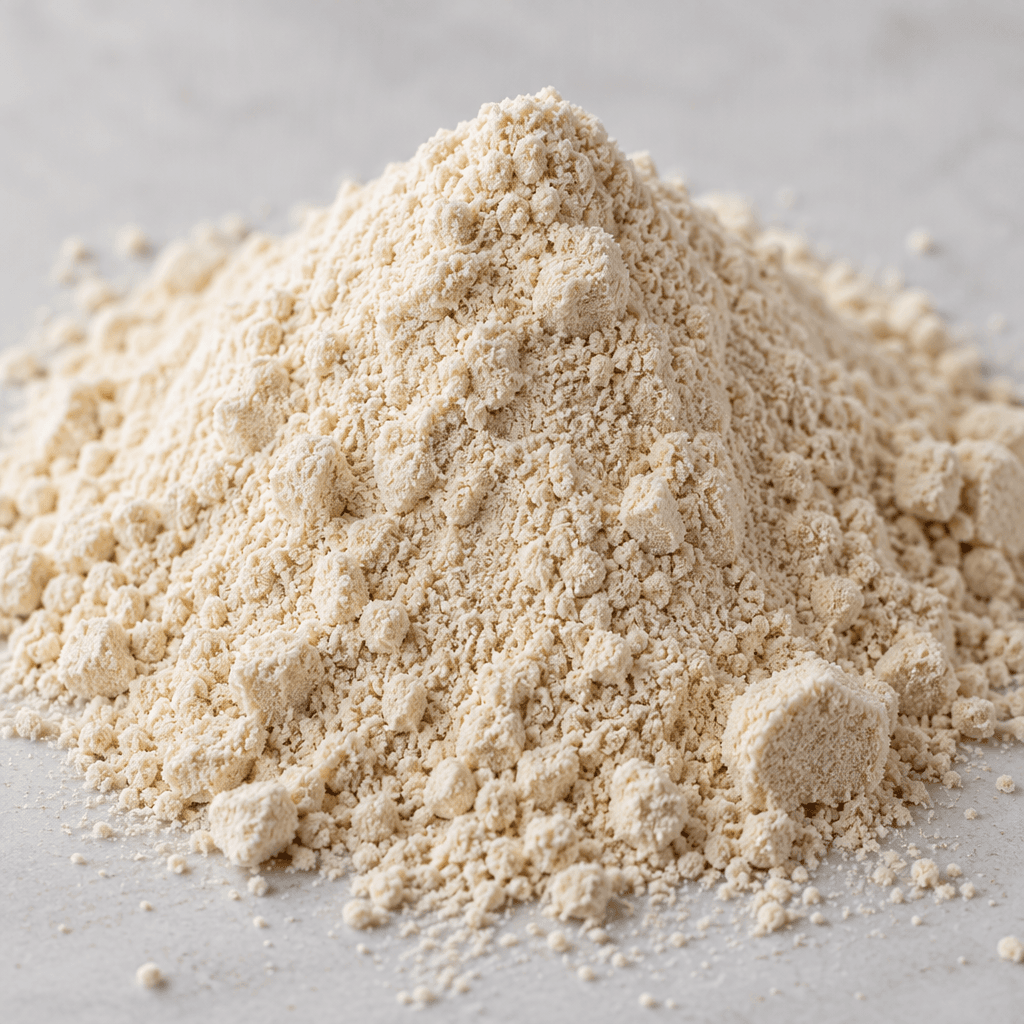 Sade bir yüzey üzerinde, ince ve hafif taneli dokusuyla duran açık bej renkli peynir altı suyu protein tozu.
