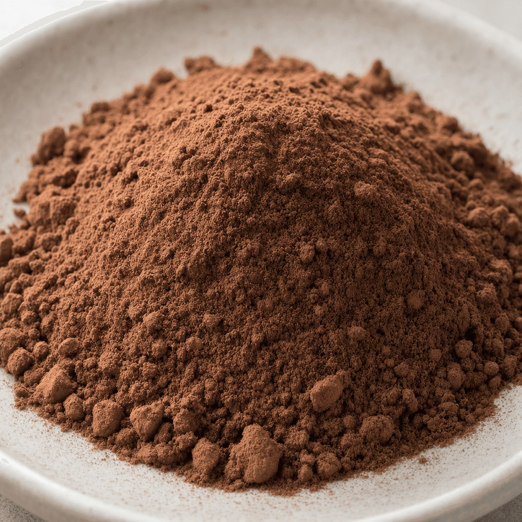 Fine, dry chocolate-brown powder with a soft, loose texture and a few small clumps, gathered in a small mound.