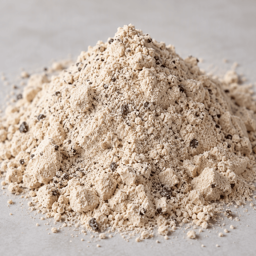 A mound of fine, pale beige whey protein powder with tiny darker cookie-colored flecks, loosely piled on a plain surface.