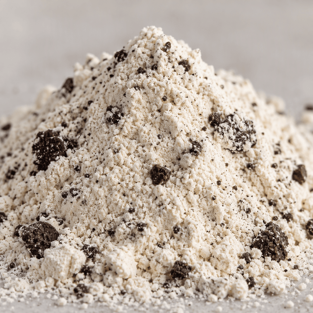 A mound of fine, pale cream-colored whey protein powder, speckled with small dark brown cookie crumbs.