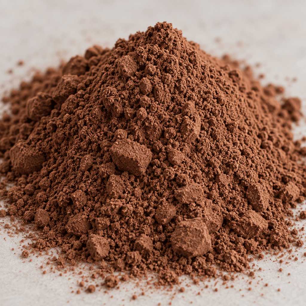 A mound of fine, medium-dark brown chocolate-colored powder with a soft, slightly grainy surface and a few small clumps.