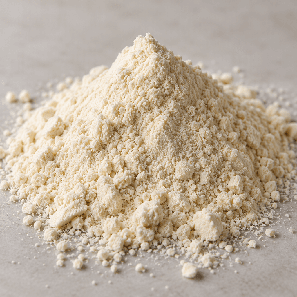 A small mound of fine, pale cream-colored protein powder with a dry, slightly grainy texture.
