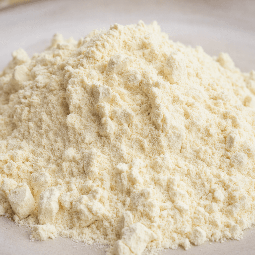A mound of fine, pale cream-colored protein powder with a soft, dry, slightly clumpy texture.