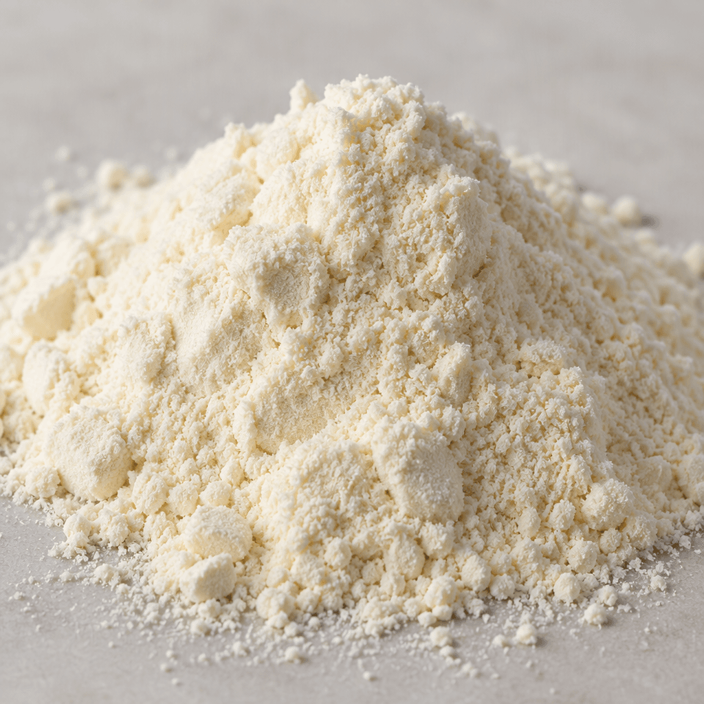 A fine, pale cream-colored whey protein powder sits in a small mound, with a soft, dry, slightly granular texture.