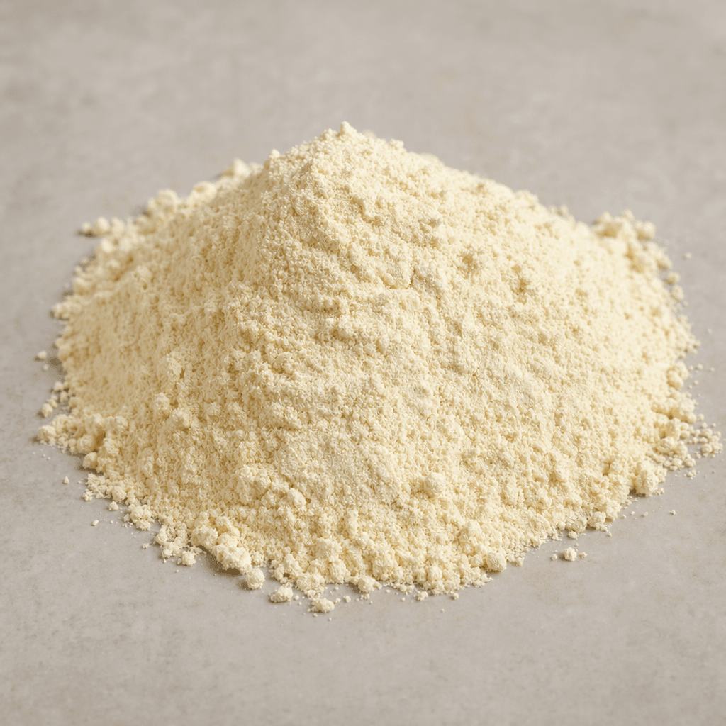 A fine, pale cream-colored protein powder sits in a soft mound, with a dry, smooth texture and a few loose grains around its edges.