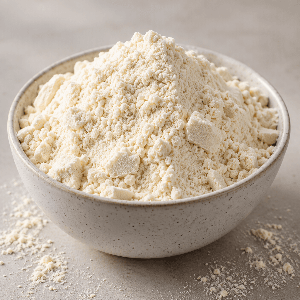 A mound of fine, pale cream whey protein powder sits in a small bowl, with a soft, slightly clumpy texture and a light dusting scattered nearby.