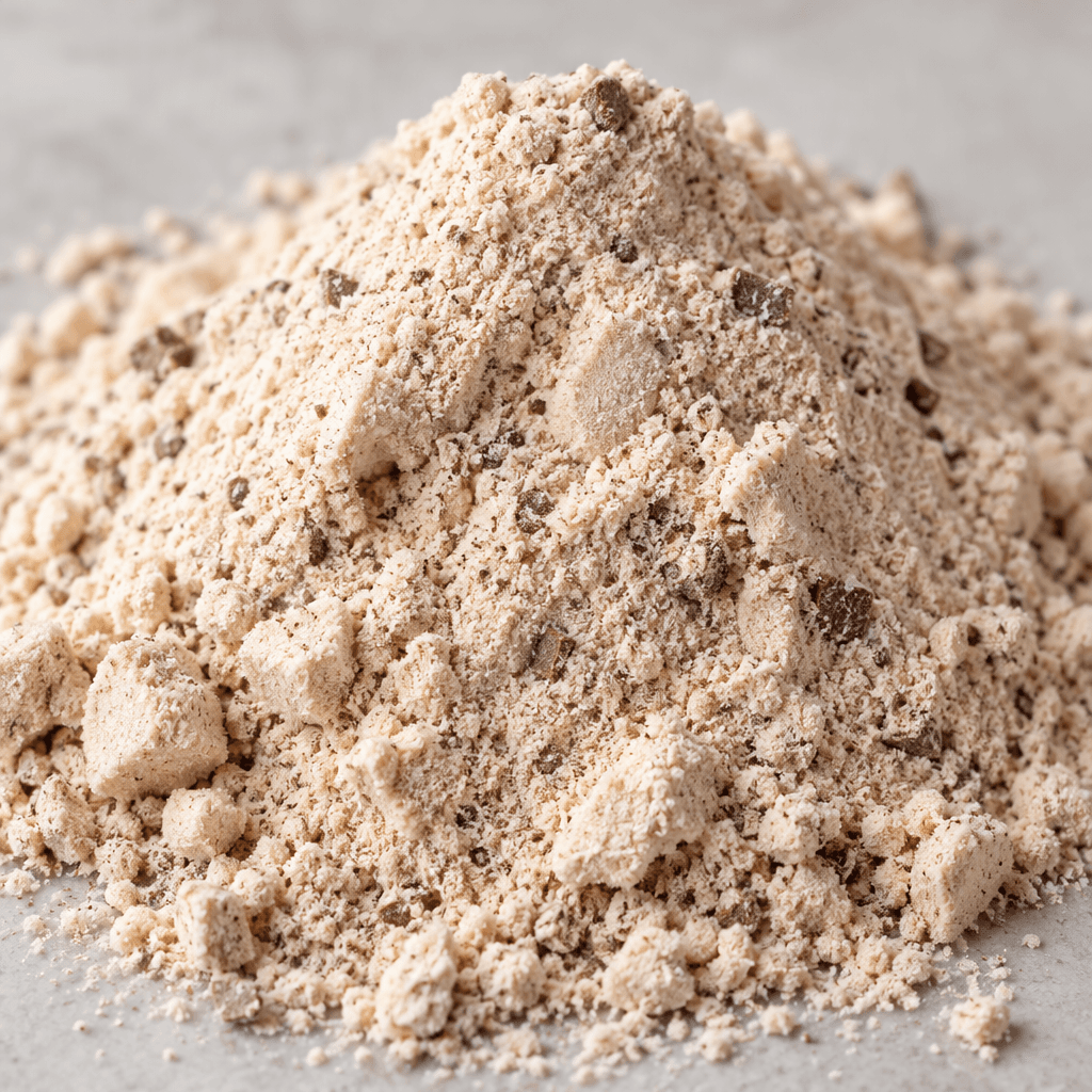 Yumuşak ve yer yer hafif topaklı dokusuyla küçük bir yığın hâlinde duran açık bej renkli protein tozunun içinde koyu kahverengi benekler görülüyor.
