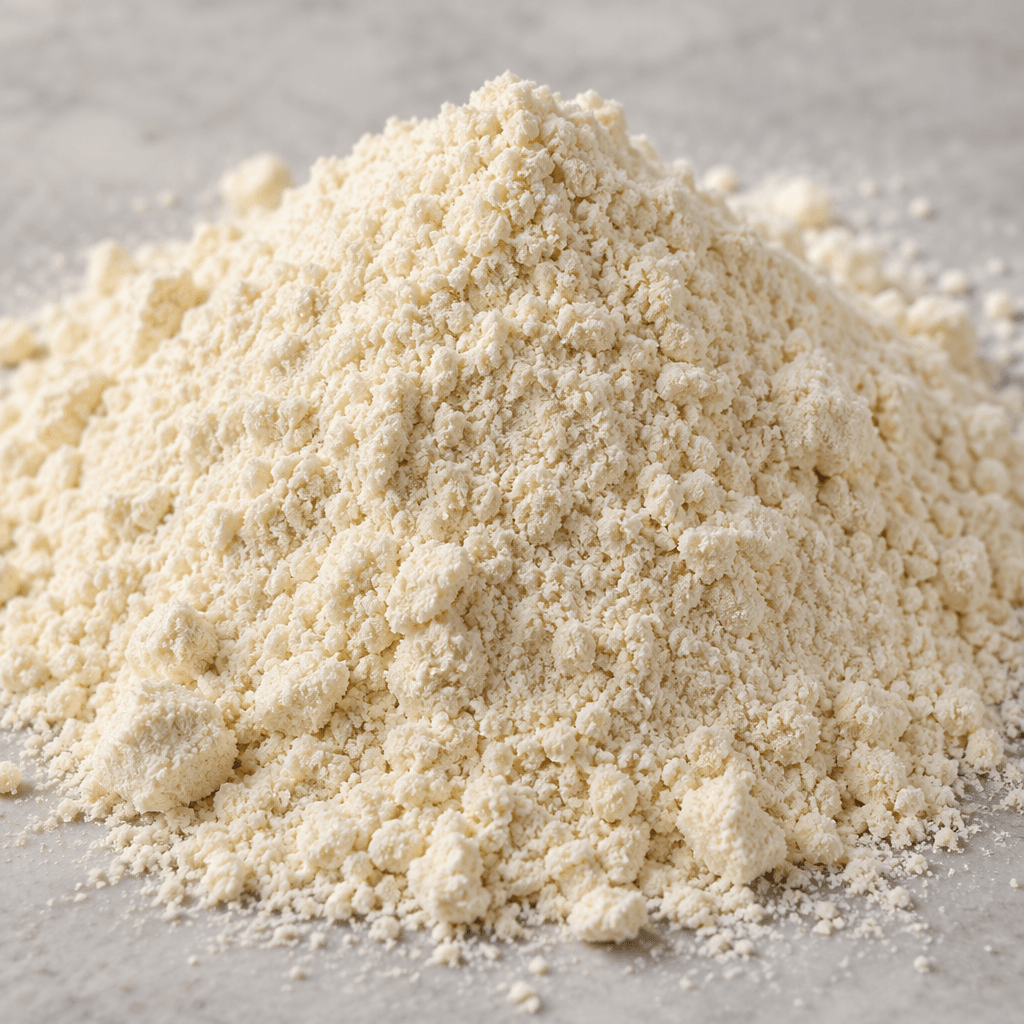 A loose mound of fine, dry, pale ivory powder with a softly grainy texture and a few small clumps.