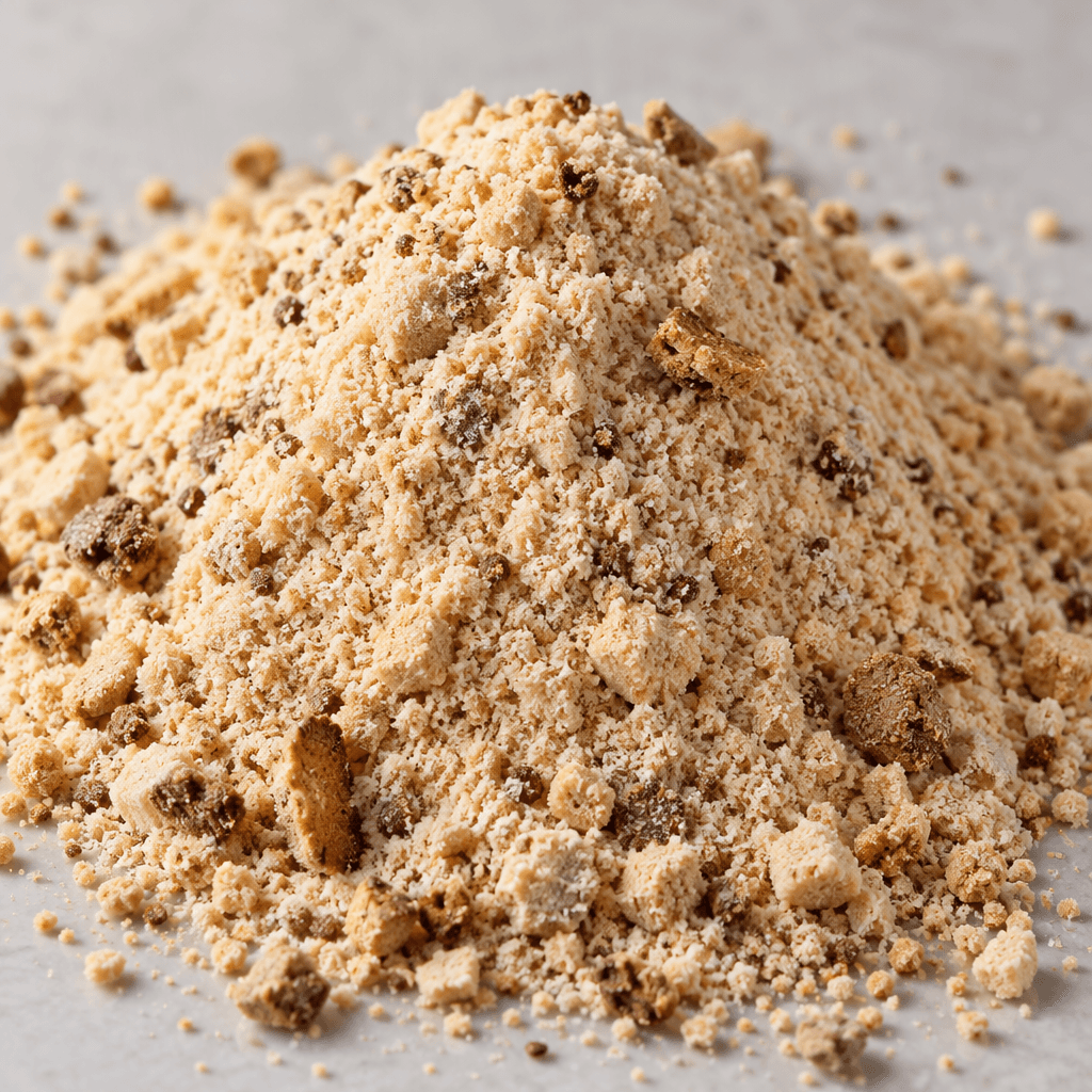 A mound of fine, pale beige powder with scattered tiny brown cookie crumbs and flecks.