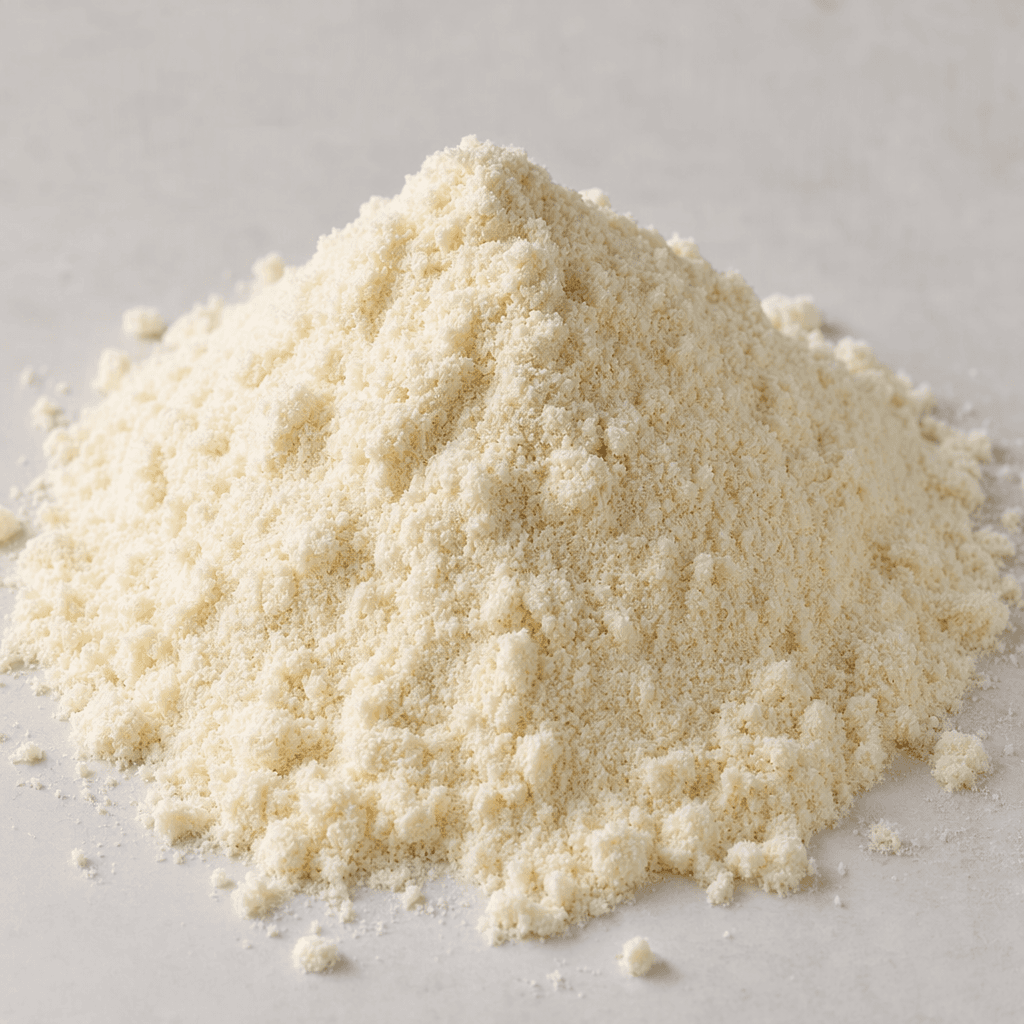 A small mound of fine, pale cream-colored protein powder with a soft, slightly grainy texture.