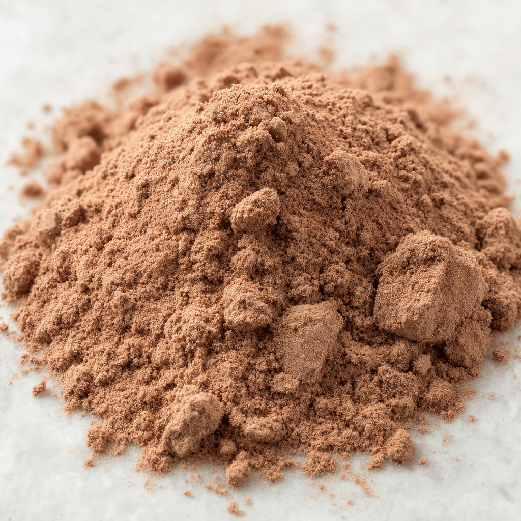 A loose mound of fine, light cocoa-brown whey protein powder with a dry, slightly grainy surface and a few small clumps.