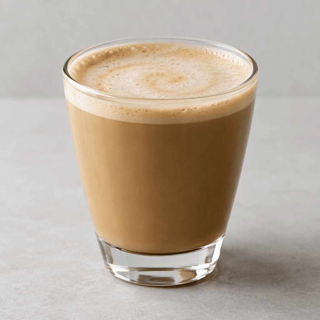 A smooth, light-brown coffee drink with a creamy, slightly foamy surface, served in a clear glass.