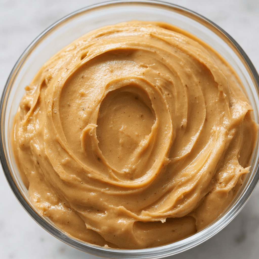A thick, smooth, light-brown peanut spread sits in a soft mound, with glossy swirls and a few darker flecks.