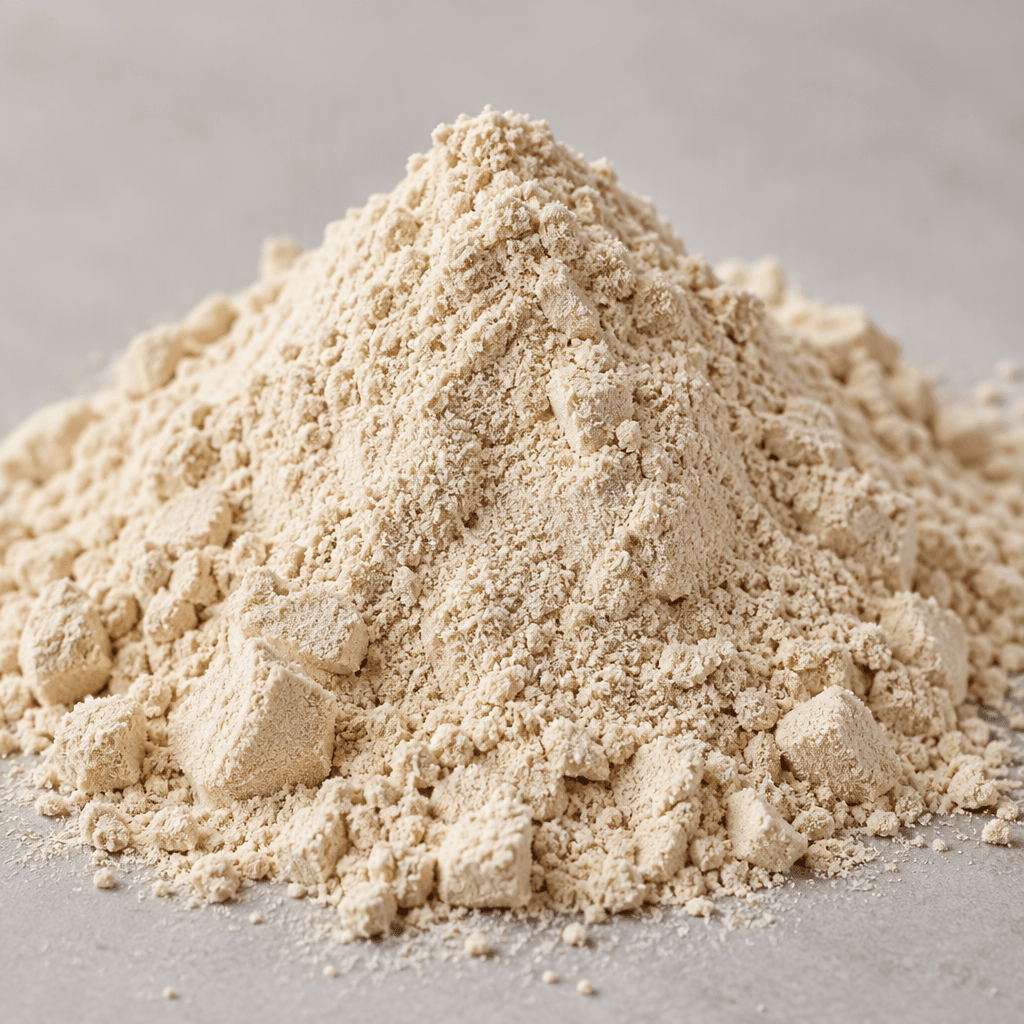 A mound of fine, pale beige protein powder with a smooth, dry, slightly clumpy surface.