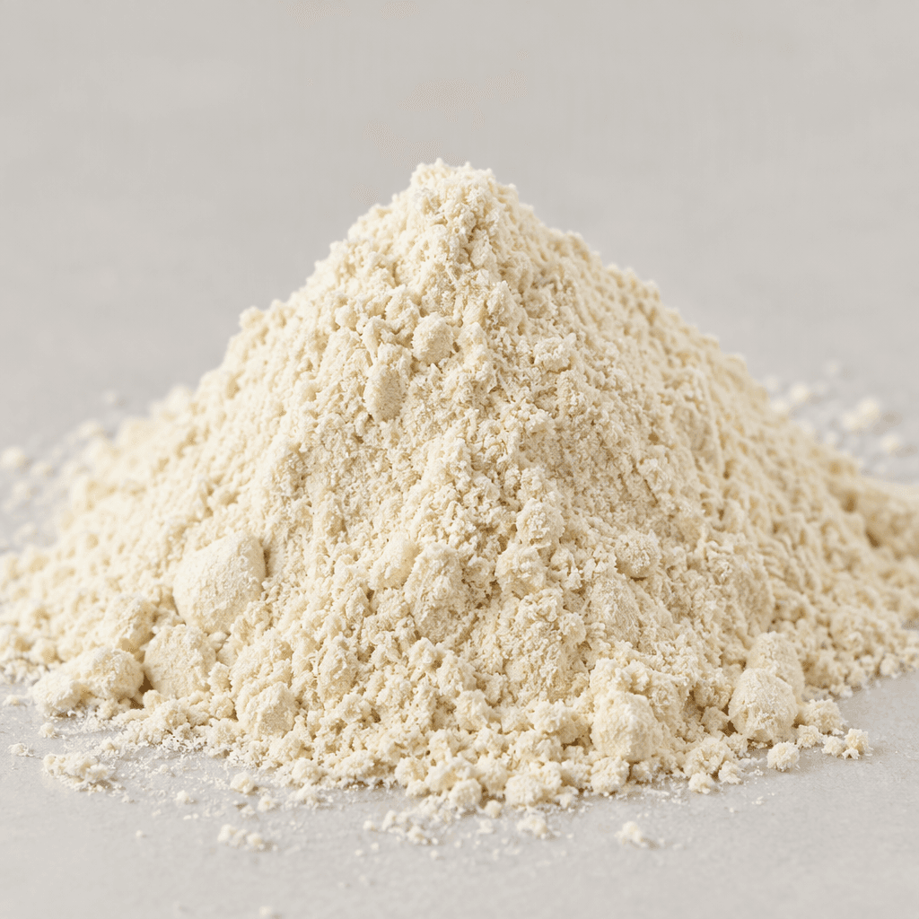Fine, pale cream-colored protein powder sits in a small mound, with a soft, dry, slightly granular texture.