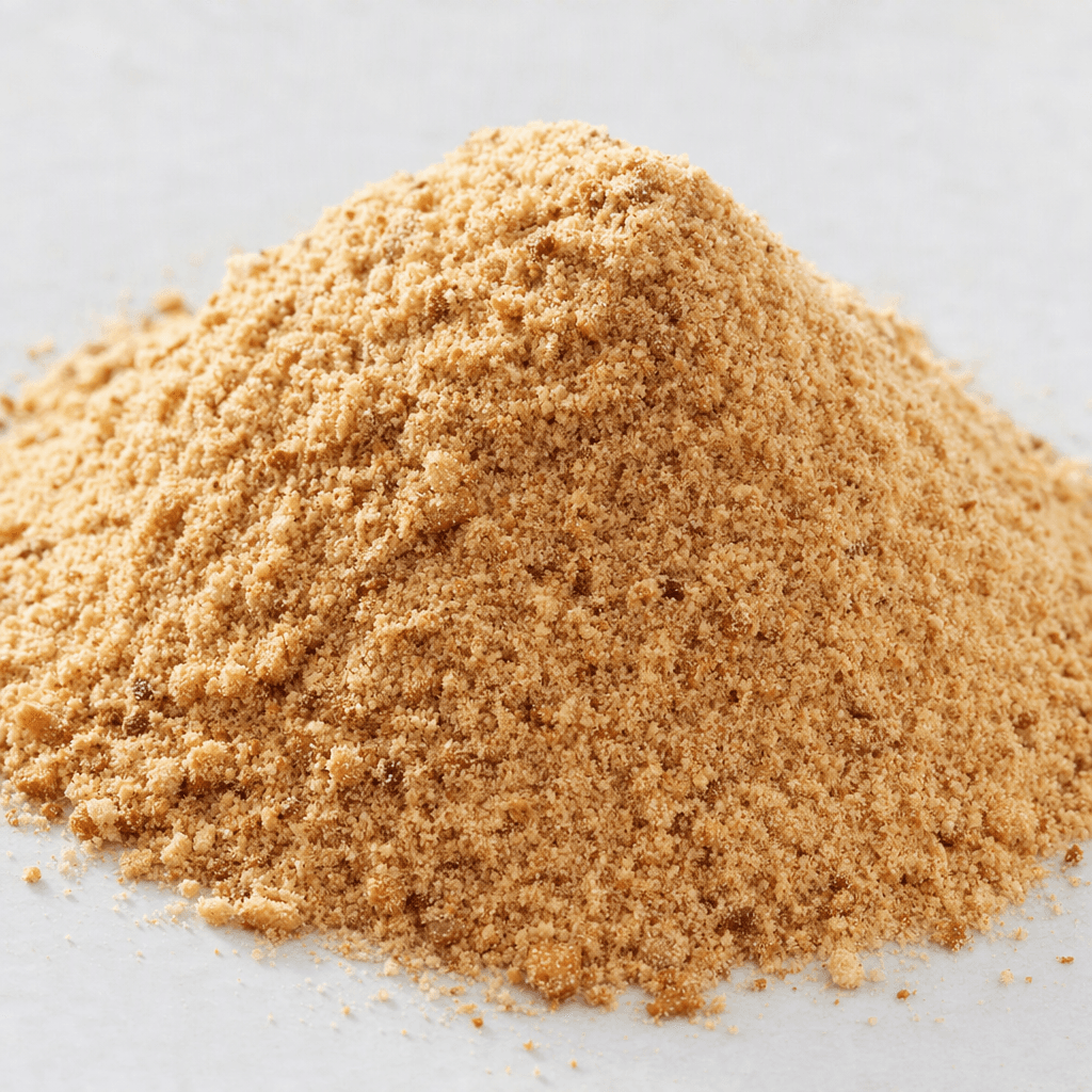 A small mound of pale tan, finely ground powder with a slightly grainy texture and scattered darker biscuit-colored flecks.