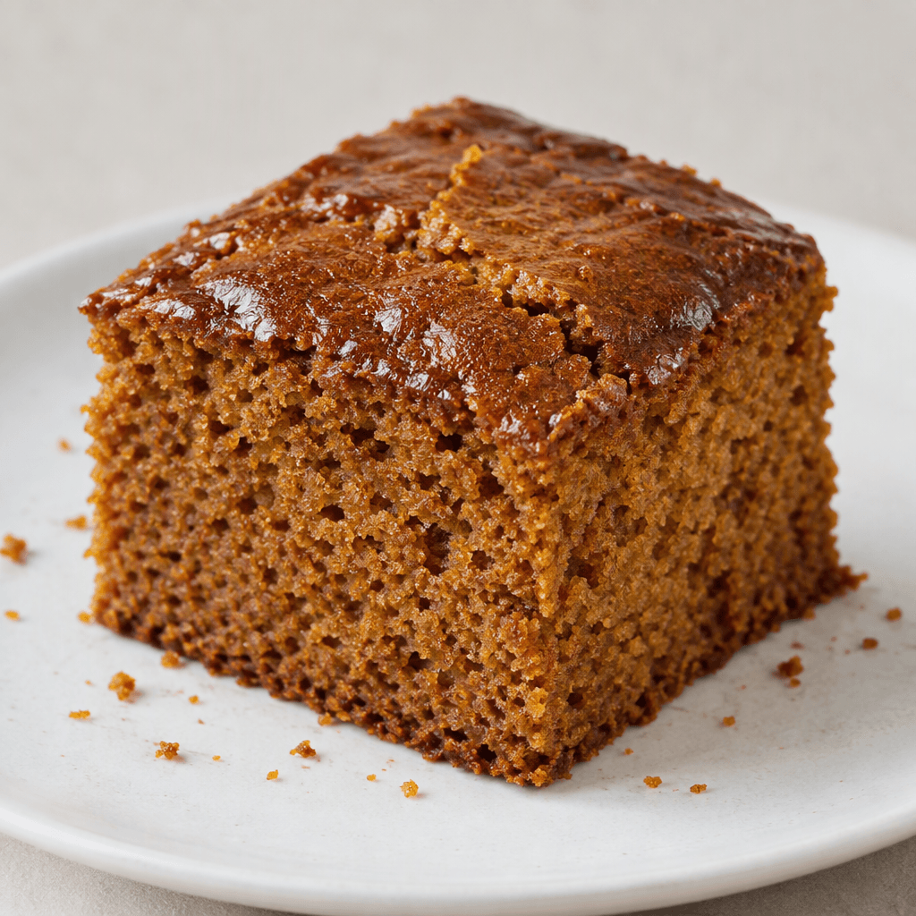 A thick square slice of dark golden-brown cake with a slightly glossy, cracked top, a compact yet visibly tender crumb, and a few fine crumbs scattered on a plain plate.