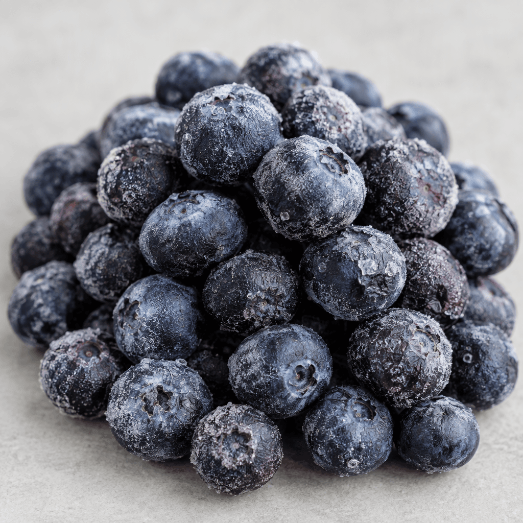 Whole frozen blueberries form a loose pile, appearing round and deep blue to purplish-black with a pale frosty bloom and small ice crystals on their slightly wrinkled skins.