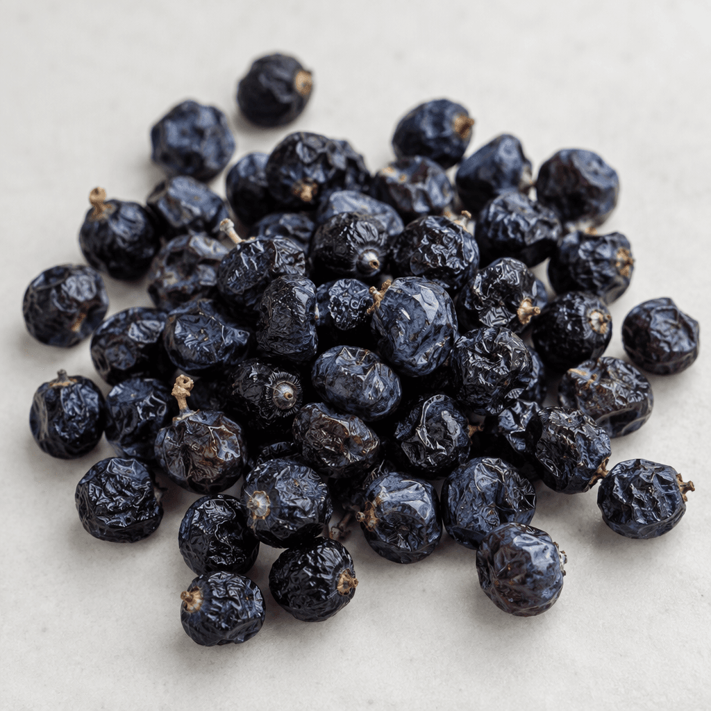 Small, wrinkled, deep blue to purple-black berries with slightly glossy skins, irregular rounded shapes, and occasional pale stems, scattered loosely on a plain surface.