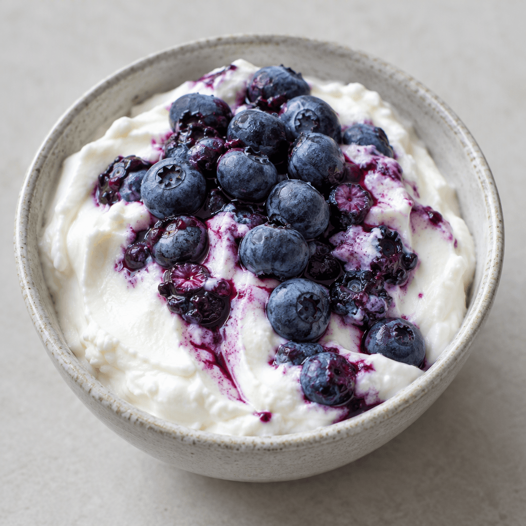 Thick, smooth white quark sits in a small bowl, topped with dark blue and purple blueberries, some whole and some gently crushed into violet streaks.