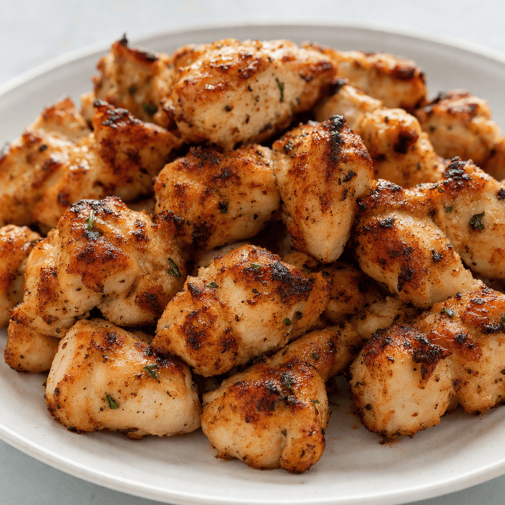 Golden-brown pieces of chicken kebab with lightly crisp, uneven surfaces and pale, tender-looking interiors are arranged on a plate.