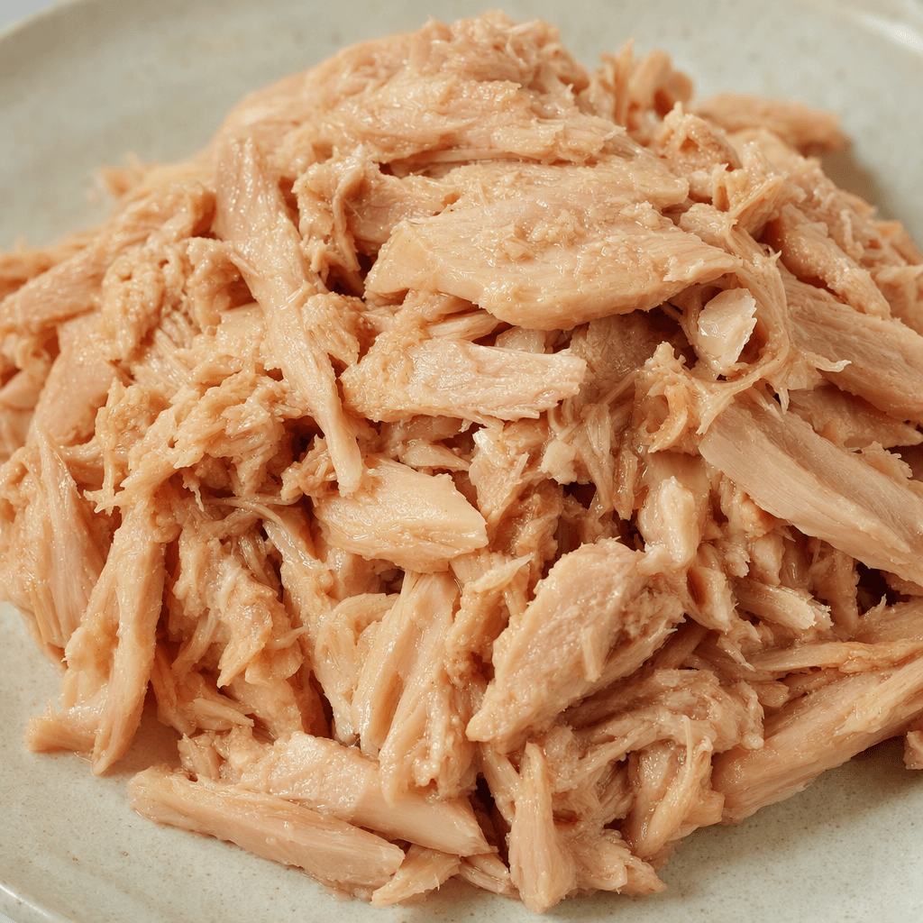Pale pink-beige tuna appears in moist, irregular flakes and small chunks, lightly coated with a glossy sheen of oil and arranged in a simple mound.