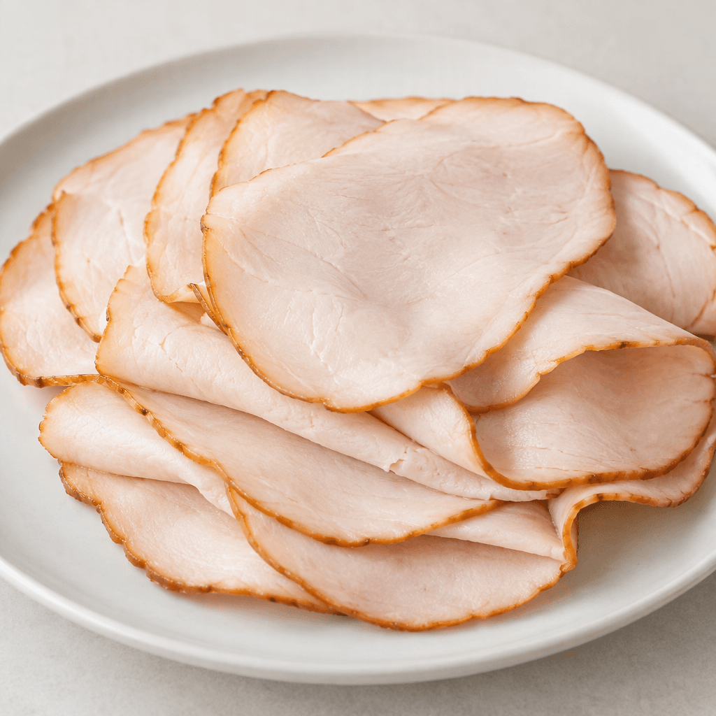 Thin, overlapping slices of lean smoked turkey with a pale pink-beige interior, slightly darker brown edges, and a smooth, moist-looking surface, arranged on a plate.