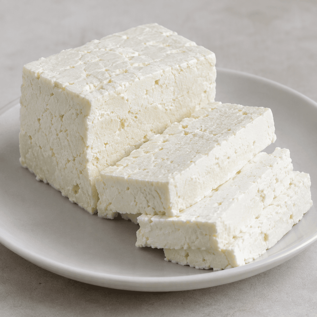 A compact white cheese block with a smooth, slightly moist surface, clean-cut edges, and a firm yet crumbly texture, served in thick rectangular slices on a plate.