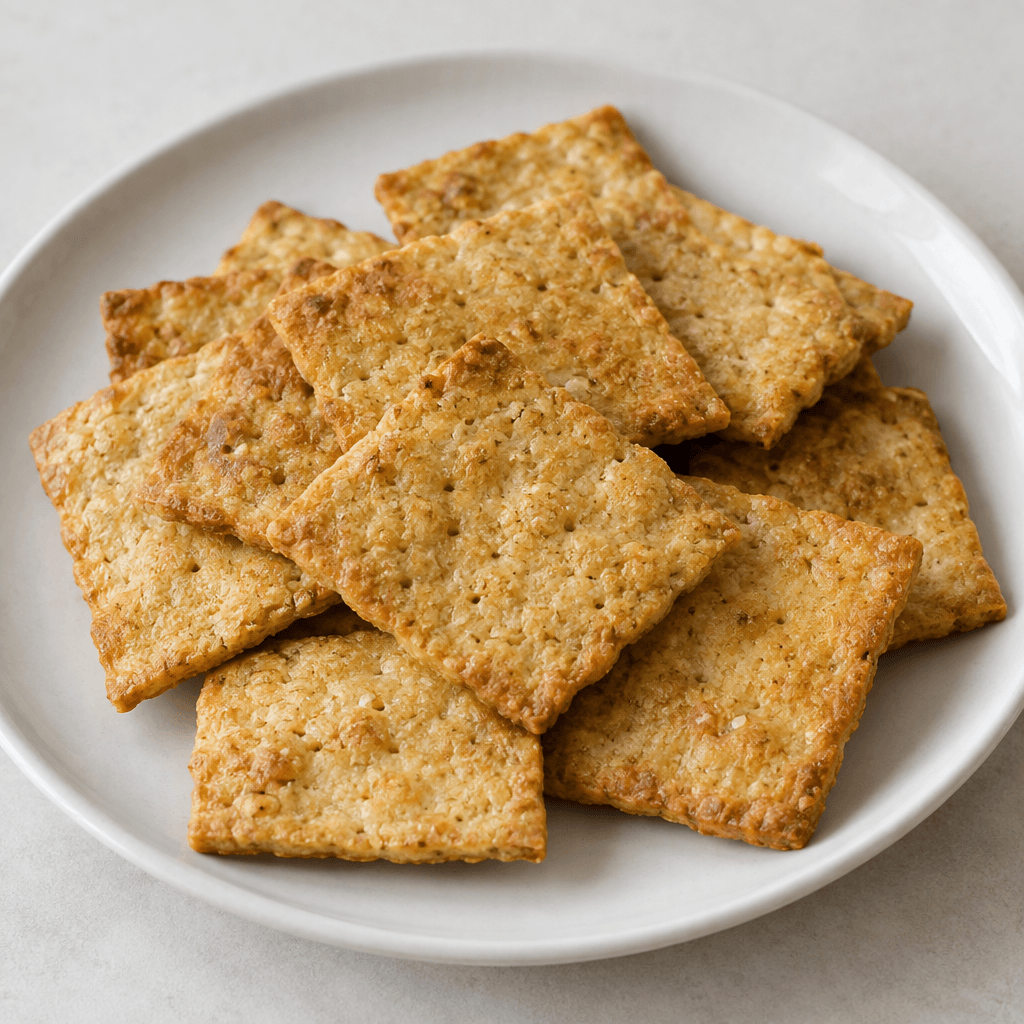 Flat, golden-brown crackers with slightly irregular edges, a dry porous surface, and a faint oily sheen, arranged loosely on a plain plate.