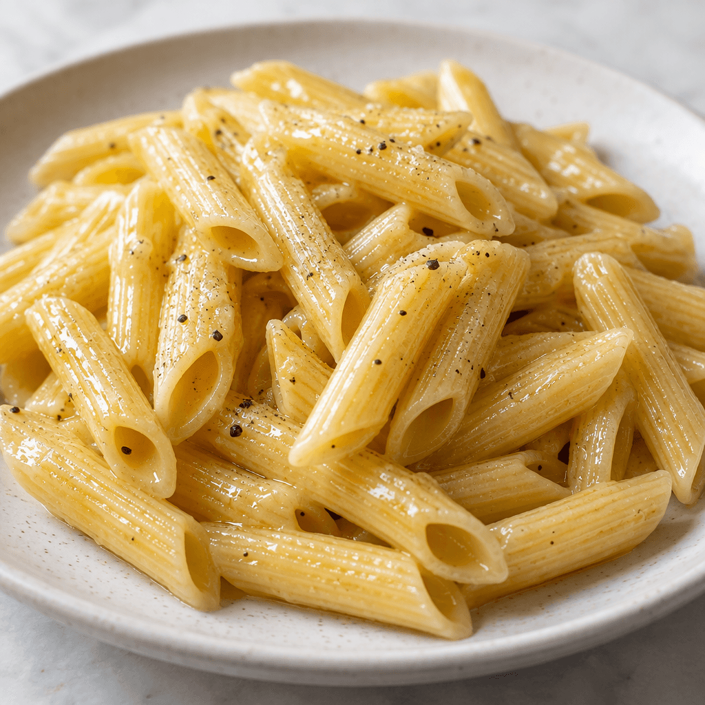 Glossy cooked pasta with a thin oily sheen, its pale golden pieces loosely piled on a plate.