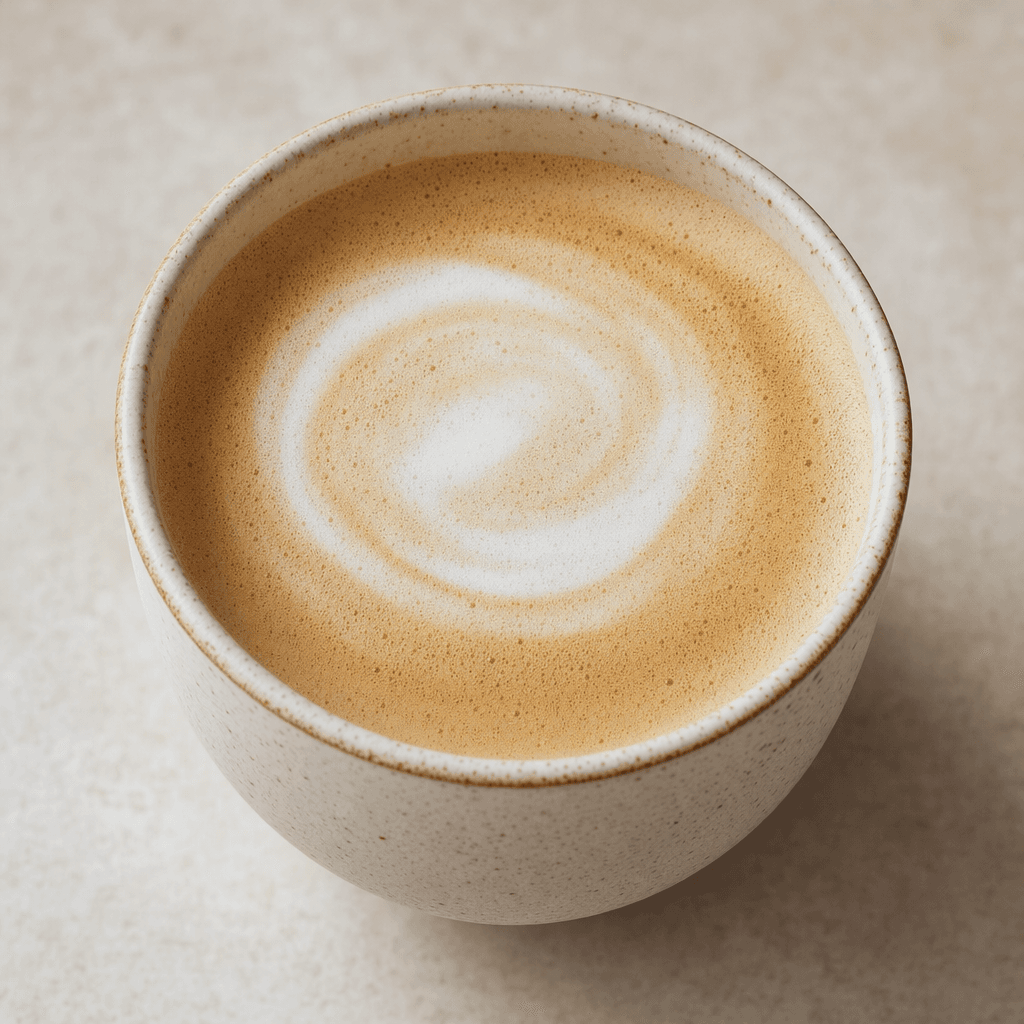 A light tan latte fills a cup, with a thin layer of fine white foam and a soft swirl on its surface.