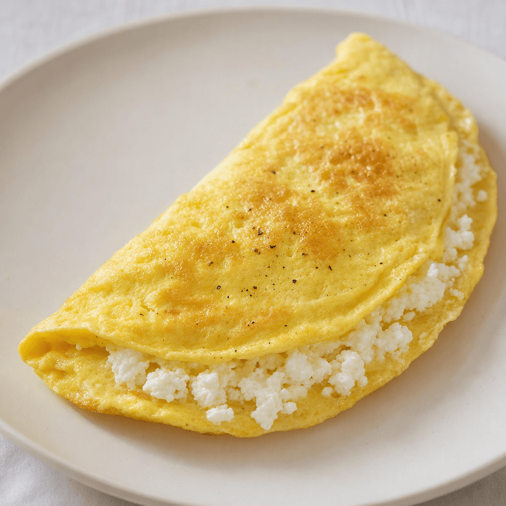 A softly folded, pale golden omelet with small white, crumbly curds of lor cheese visible along its edge, served on a plain plate.