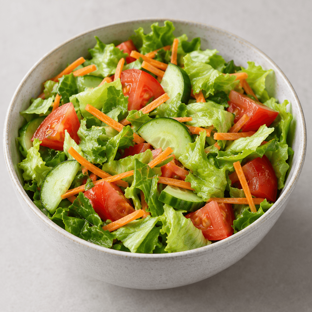 A bowl of roughly chopped lettuce, tomatoes, cucumber, and carrot, with crisp green leaves, red tomato pieces, pale green cucumber slices, and thin orange carrot strips arranged together without visible oil or dressing.