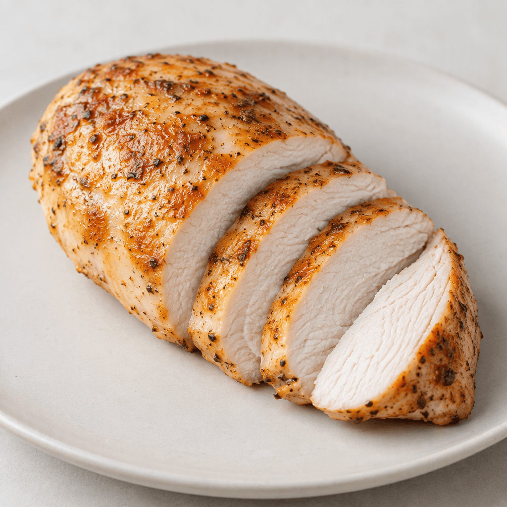 A boneless chicken breast with a lightly browned surface and a firm, pale white interior, served whole or sliced into thick pieces.