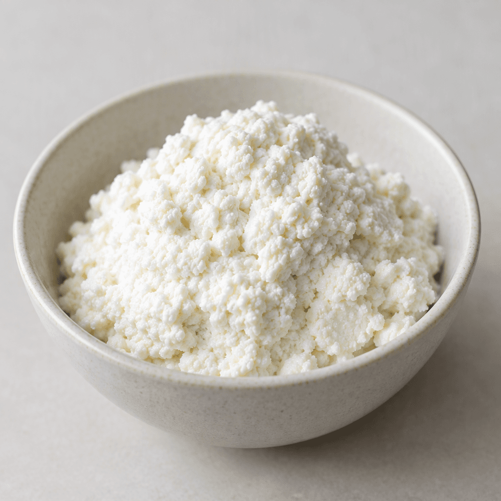 A small mound of low-fat ricotta sits in a bowl, white and moist with fine, soft curds and a lightly grainy surface.