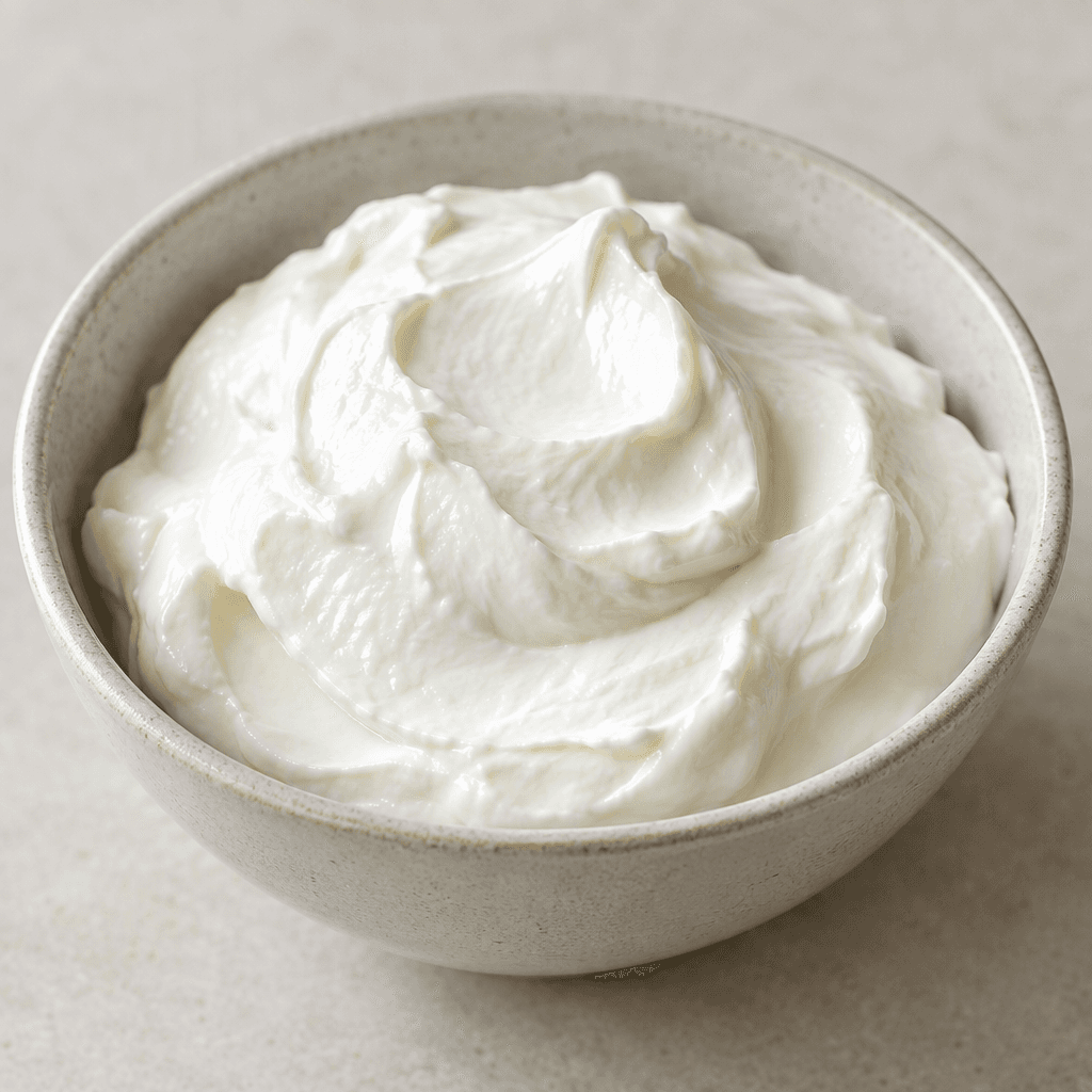 Thick, smooth, glossy-white strained yogurt with a dense, creamy texture, served as a soft mound in a bowl.