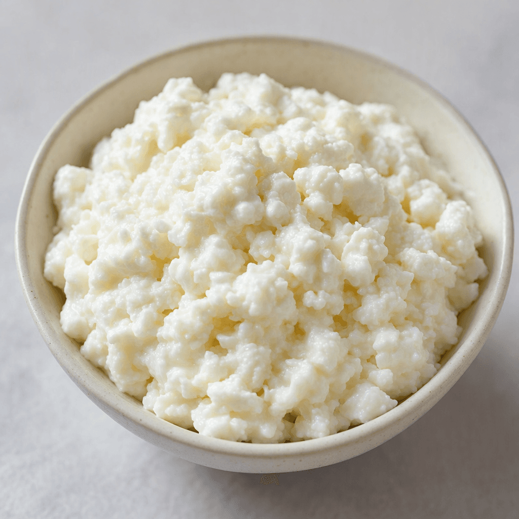A mound of white curd cheese with a moist, soft texture and small uneven lumps, served in a plain bowl.
