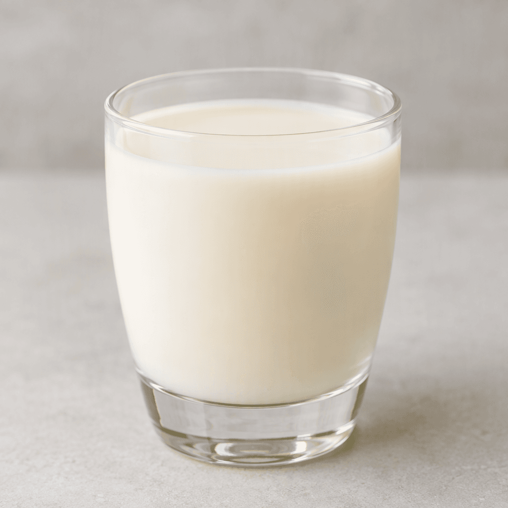 A small serving of smooth, opaque, pale ivory probiotic dairy drink sits in a clear glass, with an even, slightly creamy surface.
