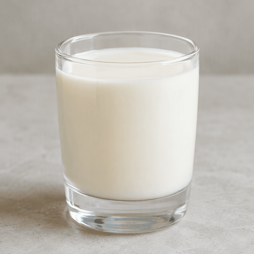 A small, opaque white probiotic drink with a smooth, uniform appearance, poured into a short clear glass.