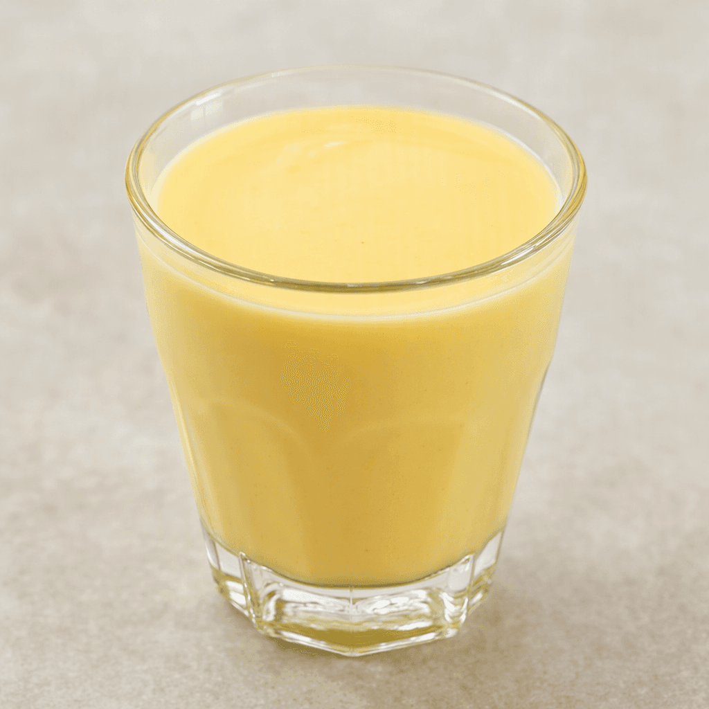 A small glass of smooth, opaque pale-yellow drink with an even, creamy-looking surface.