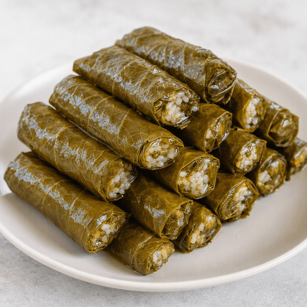 Parlak zeytin yeşili asma yapraklarına sarılmış, lokmalık ve sıkı silindir biçimli dolmalar bir servis tabağına düzenli şekilde yerleştirilmiş; kesik uçlarında birkaç açık renkli pirinç tanesi görülüyor.