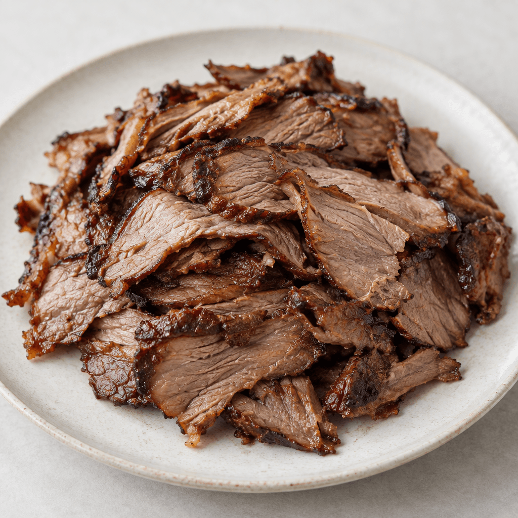 Thin, irregular slices of browned meat with darker crisp edges and visible layered grain, piled loosely on a serving plate.