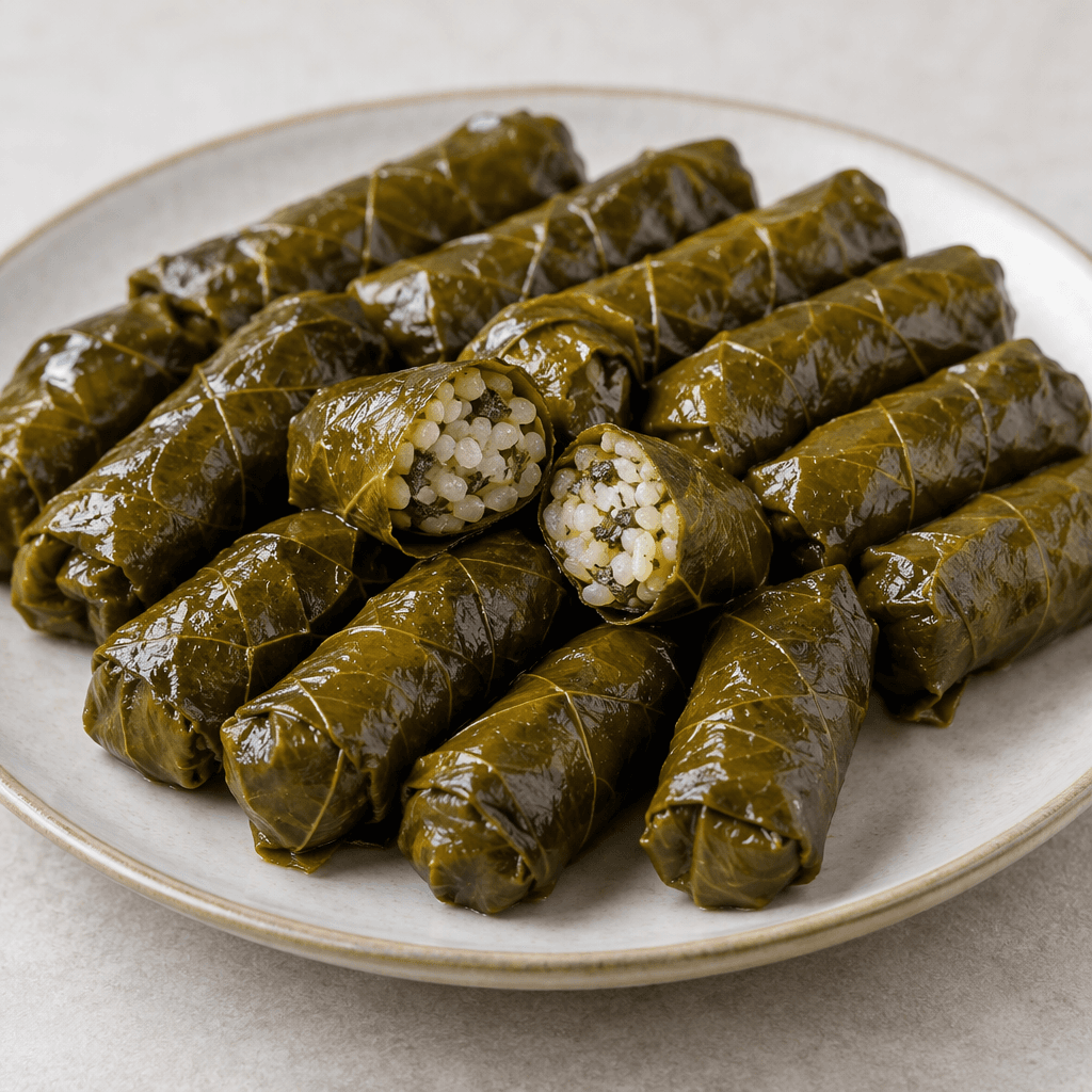 Parlak zeytin yeşili renkli, parmak büyüklüğünde sıkıca sarılmış asma yaprakları tabakta düzgün sıralar hâlinde dizilmiş, birkaçının kesilmiş içinden otlarla beneklenmiş açık renkli, sıkı pirinç harcı görünmektedir.