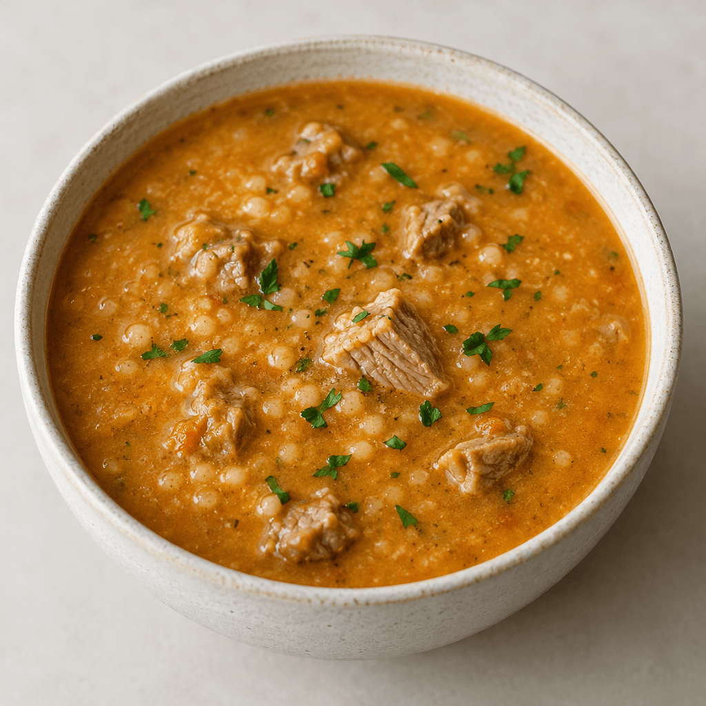 A bowl of thick, muted orange soup with a slightly grainy surface, small pale grains and tender-looking meat pieces, finished with a few green herb flecks.
