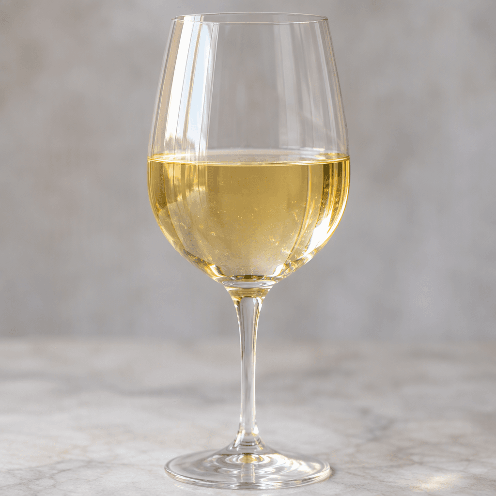 Clear, pale straw-gold white wine fills a transparent stemmed wine glass, catching soft highlights along its surface.