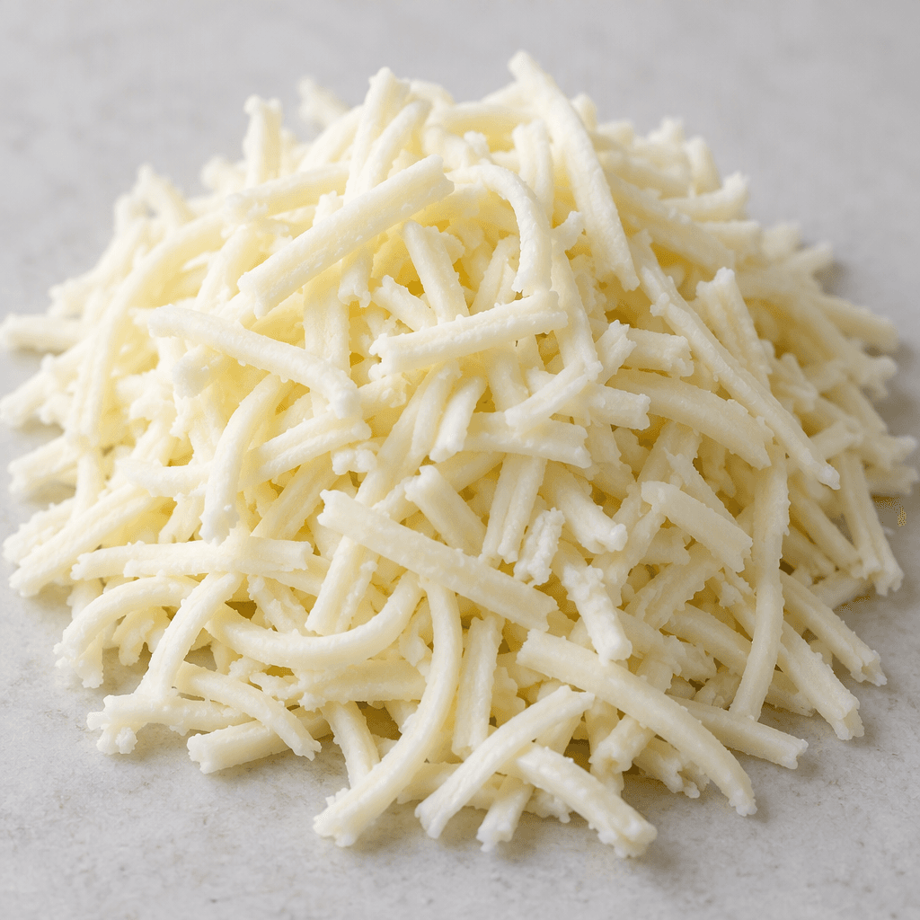 Açık fildişi renkli, kısa ve ince şeritler hâlinde rendelenmiş mozzarella gevşekçe küçük bir yığın oluşturuyor; yüzeyi pürüzsüz ve hafif mat görünüyor.