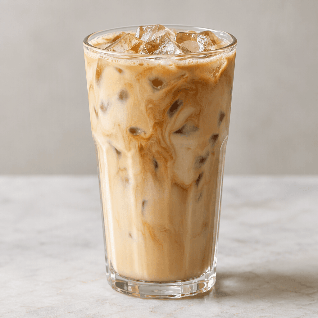 A tall clear glass holds a pale beige iced coffee with visible ice cubes and soft streaks of darker coffee through the milk.